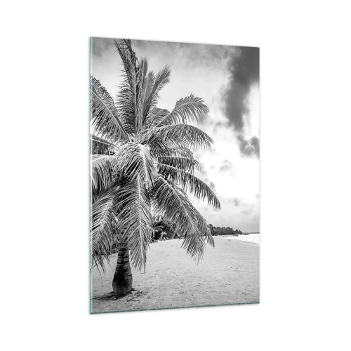 Obraz na szkle - Czarno-biała palma na pustej plaży z chmurami - 80x120cm - Gdy tęsknisz do samotności… - Nowoczesna dekoracja ścienna do salonu i sypialni ARTTOR