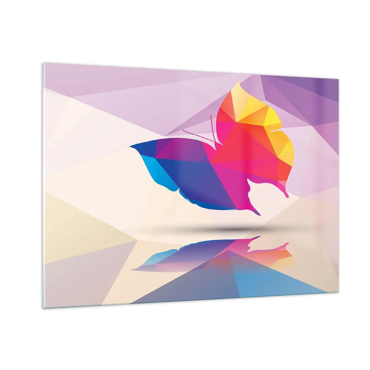 Obraz na szkle - Geometryczny motyl w jasnej kolorowej abstrakcji - 100x70cm - Motyla tęcza - Nowoczesna dekoracja ścienna do salonu, kuchni i sypialni ARTTOR