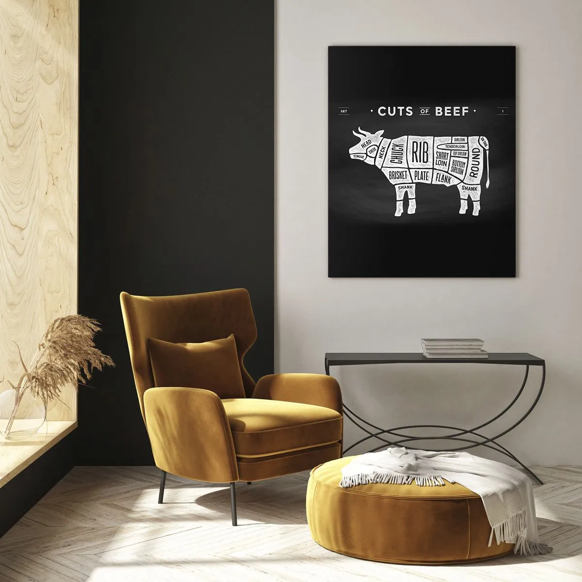 Obraz na szkle - Schemat cięć mięsa wołowego na czarnej tablicy - 50x70cm - Elementarz masarza - Nowoczesna dekoracja ścienna do salonu, kuchni i sypialni ARTTOR