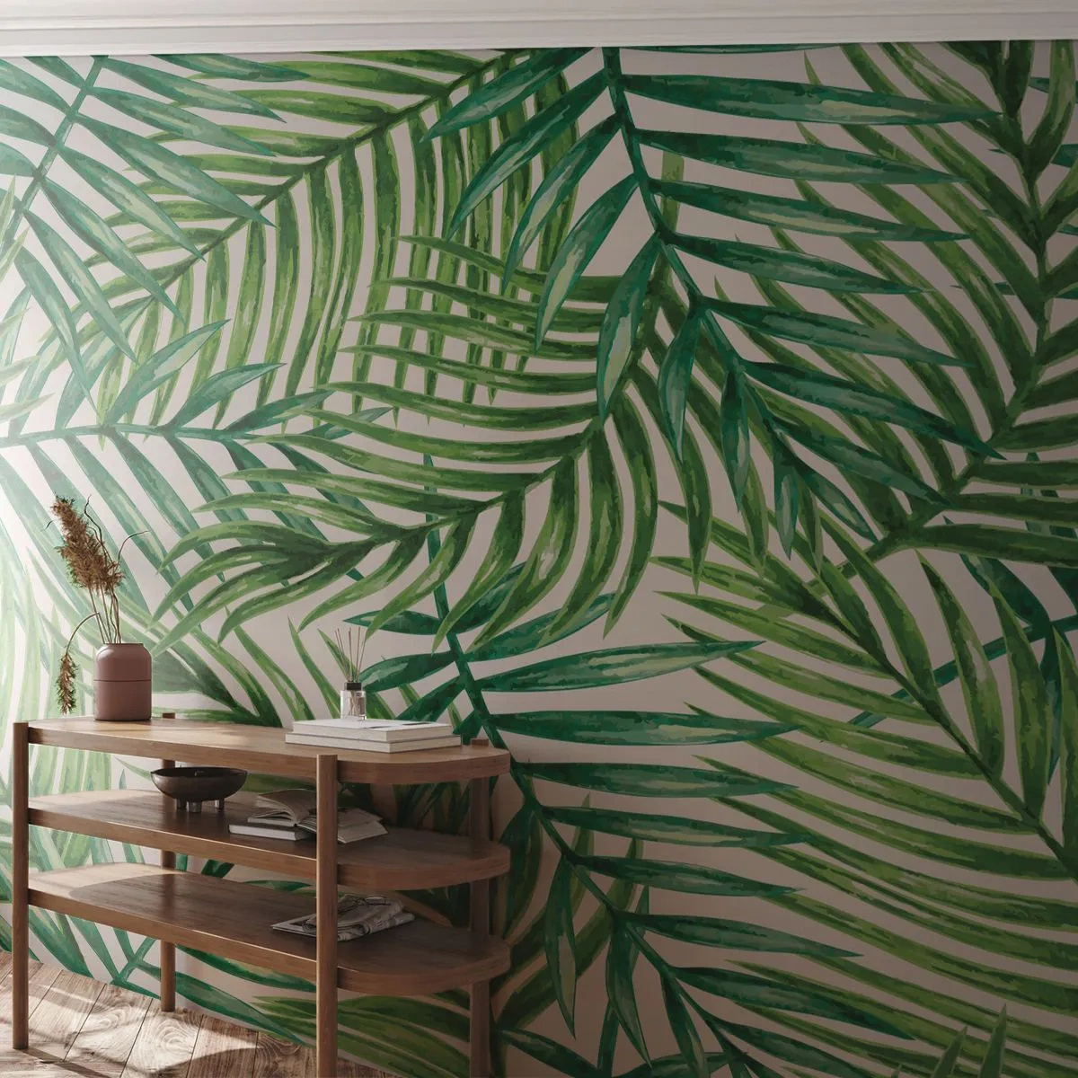Fototapeta Premium Sand - Zielone liście palmowe na białym tle - 100x70cm - Pod zielonym baldachimem - Nowoczesna dekoracja ścienna do salonu, kuchni i sypialni ARTTOR