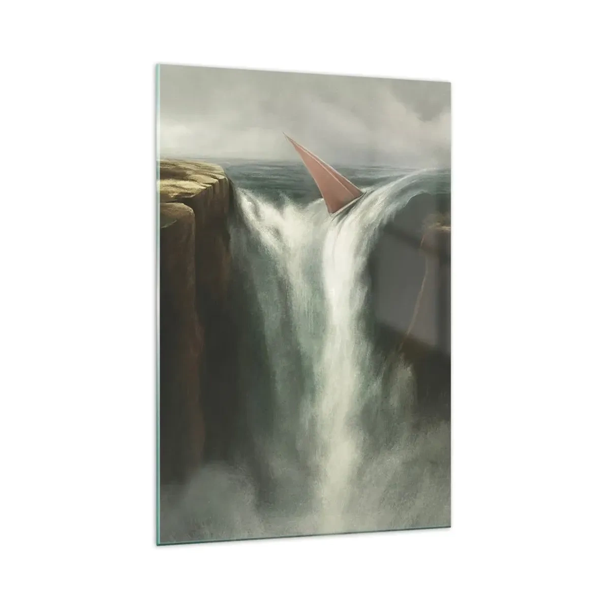 Obraz na szkle - Żaglówka spadająca z wodospadu w surrealistycznej scenerii - 70x100cm - Życiowa przestroga - Nowoczesna dekoracja ścienna do salonu i sypialni ARTTOR