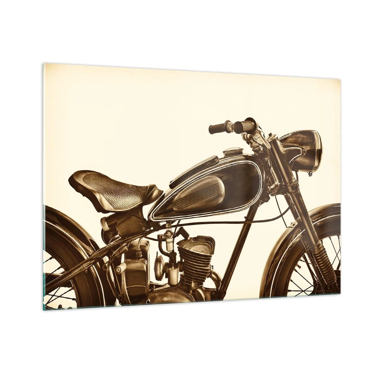 Obraz na szkle - Stylowy motocykl retro w odcieniach sepii na jasnym tle - 100x70cm - Tęsknota za klasyką - Nowoczesna dekoracja ścienna do salonu, kuchni i sypialni ARTTOR
