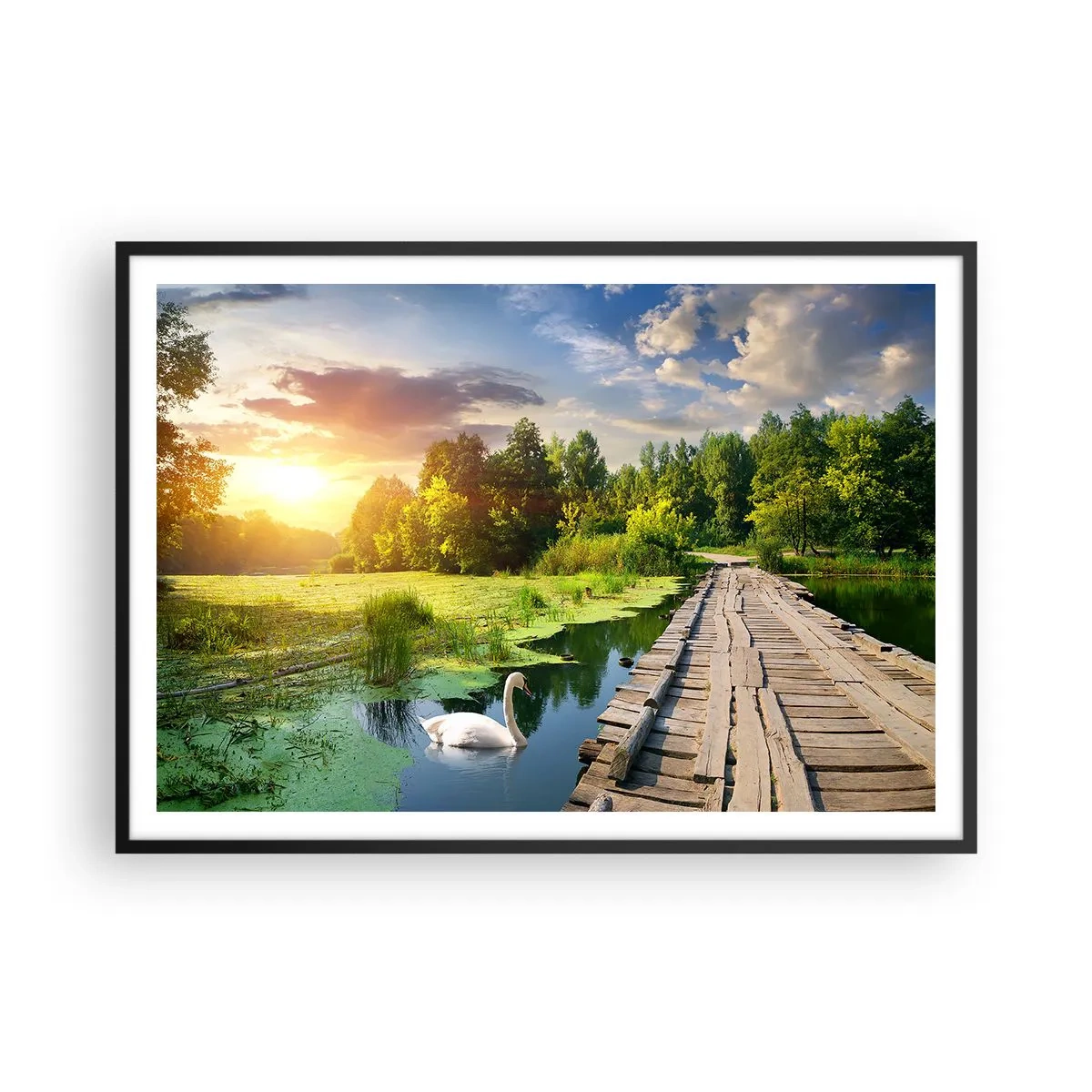 Plakat w czarnej ramie - Malowniczy krajobraz z mostkiem i łabędziem - 100x70cm - Lato, lato wszędzie - Nowoczesna dekoracja ścienna do salonu i sypialni ARTTOR