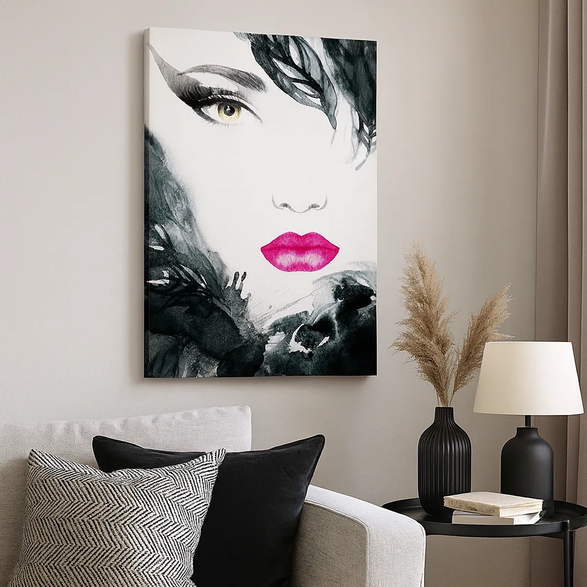 Obraz na płótnie - Kobieca twarz w artystycznej akwareli - 50x70cm - Uwaga! Femme fatale - Nowoczesna dekoracja ścienna do salonu, kuchni i sypialni ARTTOR