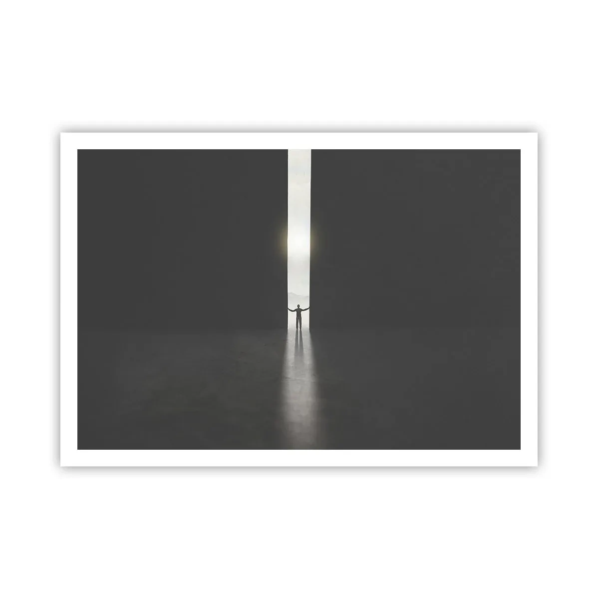 Plakat - Człowiek stojący w świetle wąskiej szczeliny w ciemnej przestrzeni - 100x70cm - Krok do jasnej przyszłości - Nowoczesna dekoracja ścienna do salonu i sypialni ARTTOR