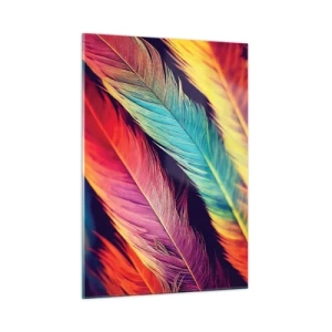 Obraz na szkle - Kolorowe pióra w intensywnych odcieniach tęczy - 50x70cm - Pierzasta tęcza - Nowoczesna dekoracja ścienna do salonu, kuchni i sypialni ARTTOR