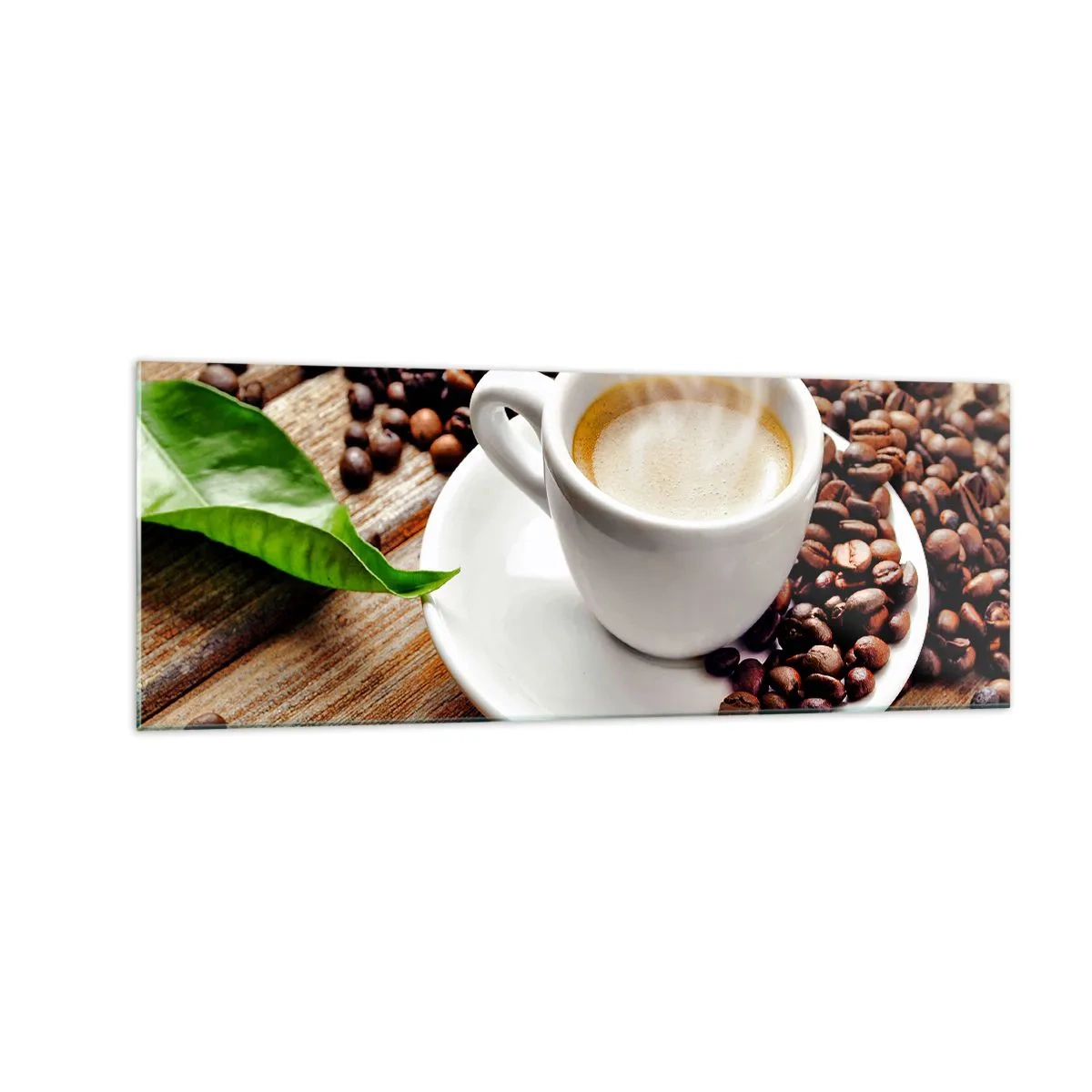 Obraz na szkle - Filiżanka aromatycznej kawy na tle ziaren i liścia - 140x50cm - Kawa na ławie - Nowoczesna dekoracja ścienna do salonu i sypialni ARTTOR