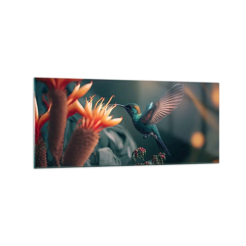 Obraz na szkle - Kolorowy koliber przy kwiatach na tle natury - 120x50cm - naprawdę barwne życie - Nowoczesna dekoracja ścienna do salonu i sypialni ARTTOR