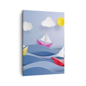 Obraz na płótnie - Kolorowe papierowe łódki na falującym morzu - 50x70cm - Ach, jak przyjemnie kołysać się wśród fal - Nowoczesna dekoracja ścienna do salonu, kuchni i sypialni ARTTOR