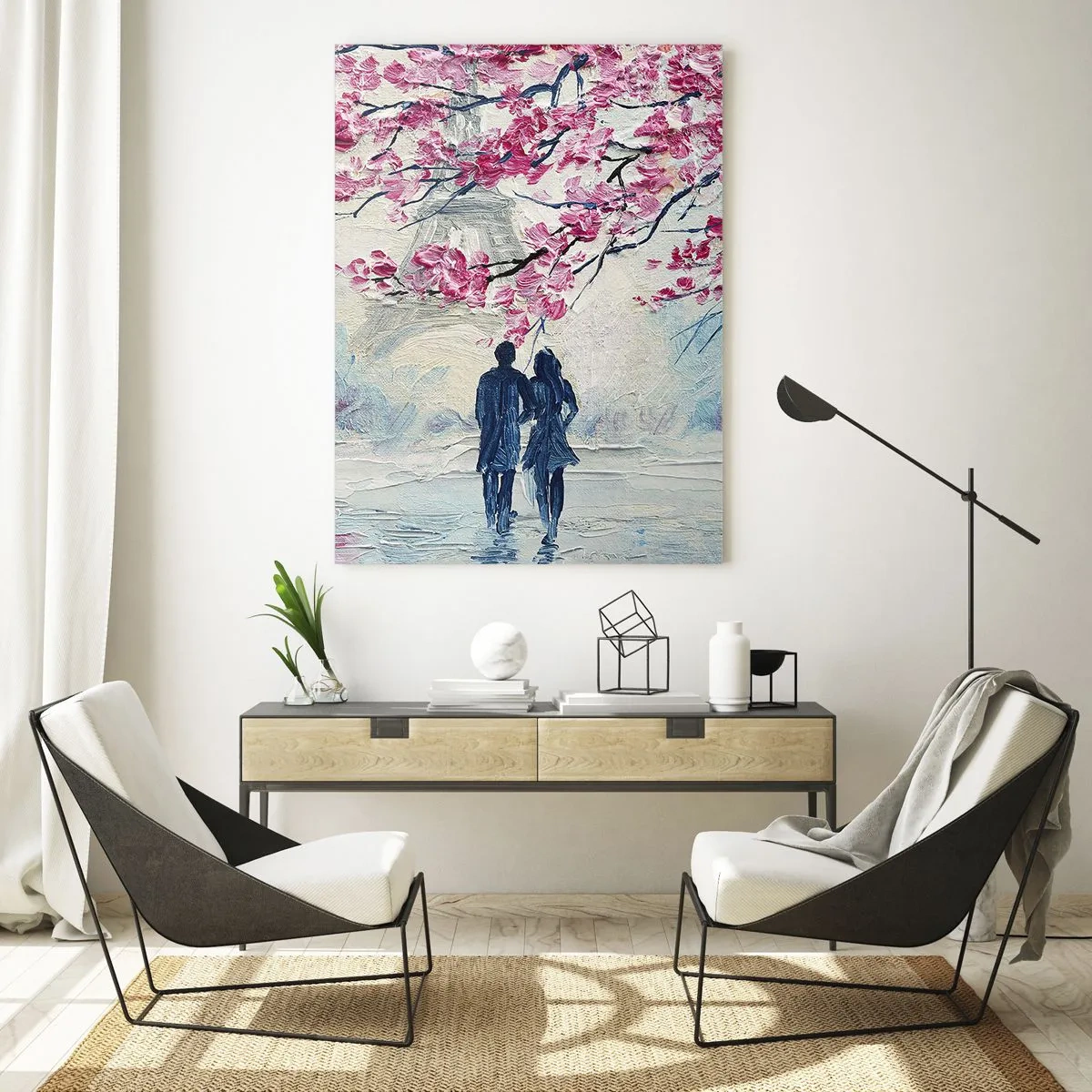 Obraz na szkle - Para pod kwitnącymi różowymi drzewami w romantycznej scenerii - 80x120cm - Romantyczny spacer - Nowoczesna dekoracja ścienna do salonu i sypialni ARTTOR