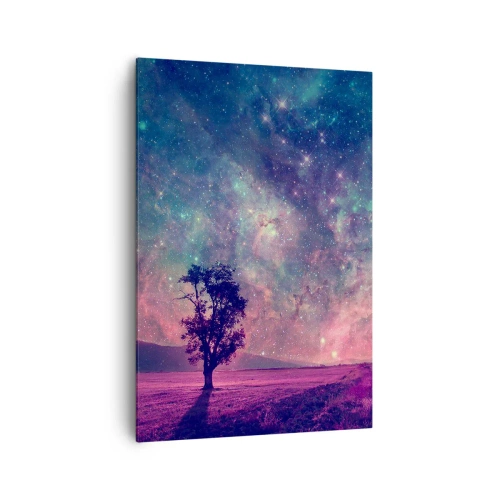 Obraz na płótnie - Drzewo na tle gwiaździstego nieba w fioletowo-niebieskich barwach - 70x100cm - Pod magicznym niebem - Nowoczesna dekoracja ścienna do salonu i sypialni ARTTOR