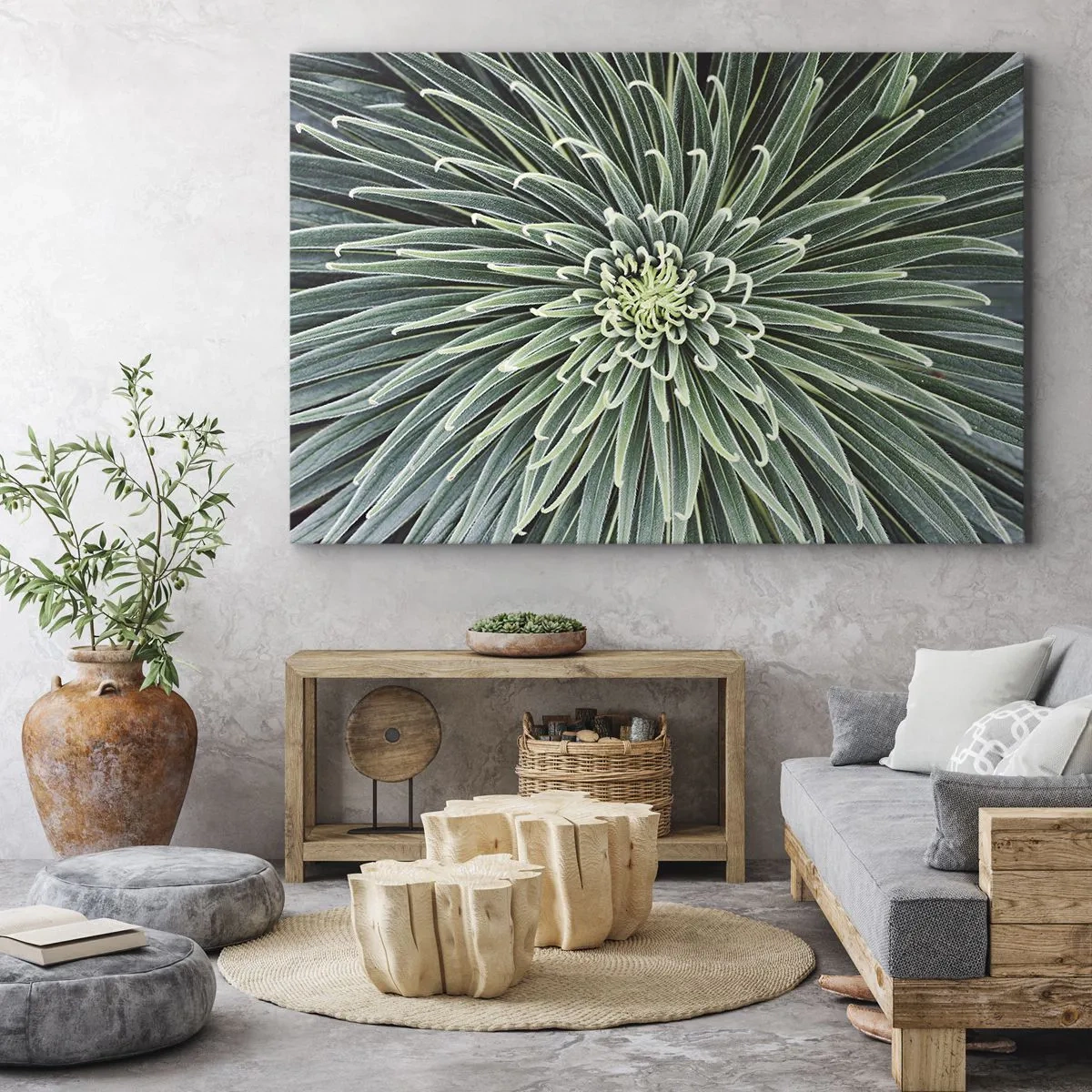 Obraz na płótnie - Symetryczny układ zielonych liści przypominający gwiazdę - 70x50cm - Narodziny gwiazdy - Nowoczesna dekoracja ścienna do salonu i sypialni ARTTOR