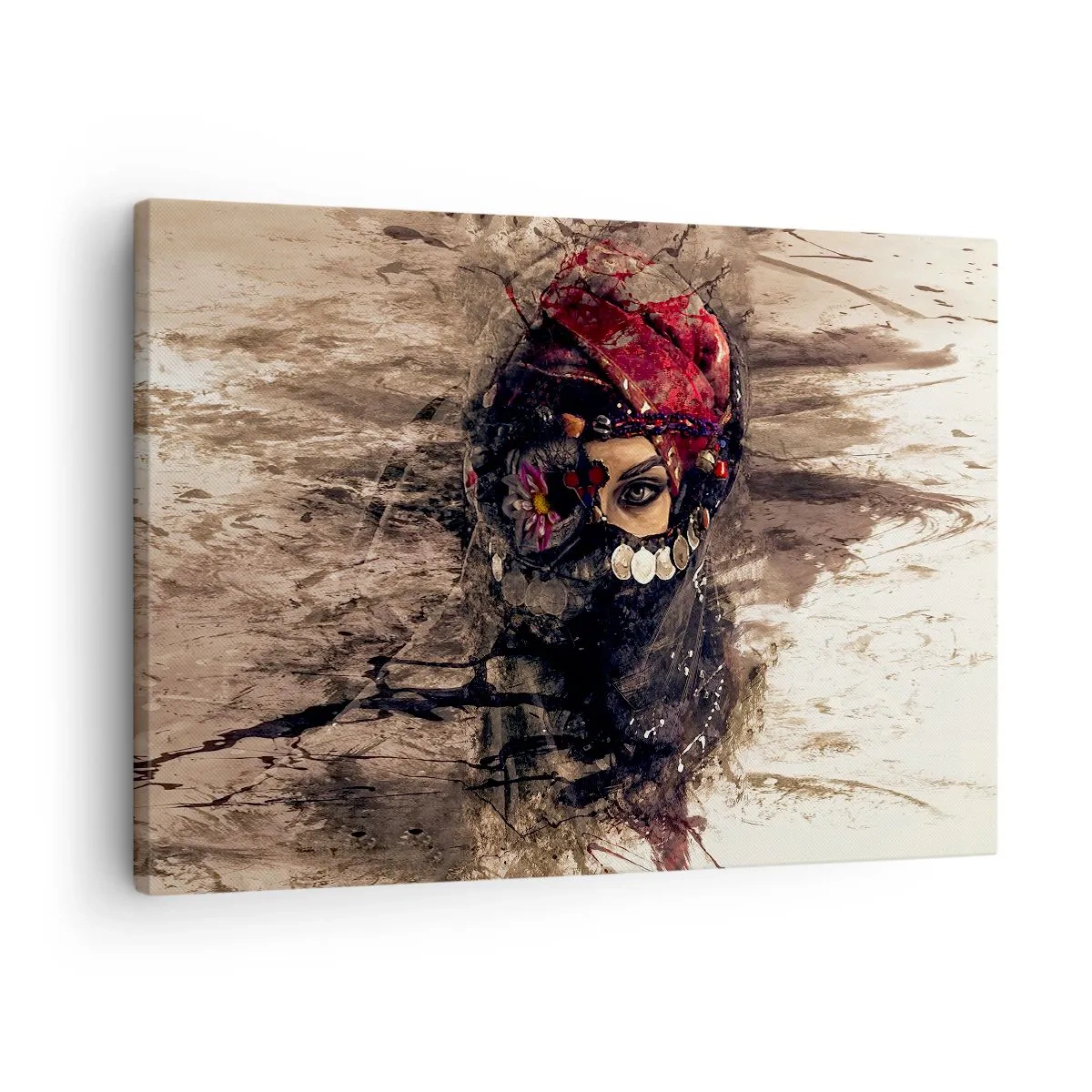 Obraz na płótnie - Artystyczny portret kobiety w orientalnym stroju na abstrakcyjnym tle - 70x50cm - Co najmniej niepokojąca - Nowoczesna dekoracja ścienna do salonu i sypialni ARTTOR