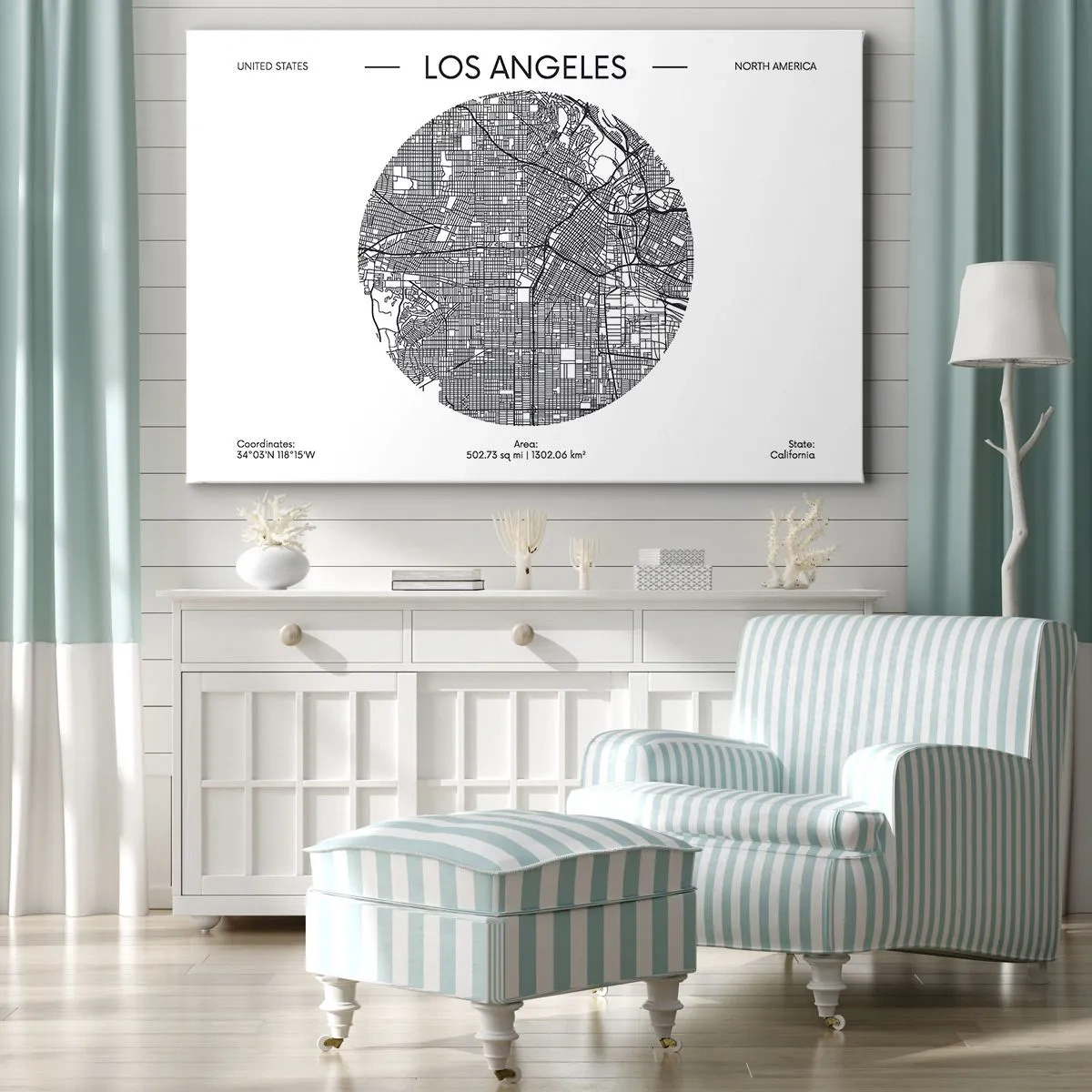 Obraz na płótnie - Mapa Los Angeles w minimalistycznym, czarno-białym stylu - 70x50cm - Anatomia Los Angeles - Nowoczesna dekoracja ścienna do salonu i sypialni ARTTOR