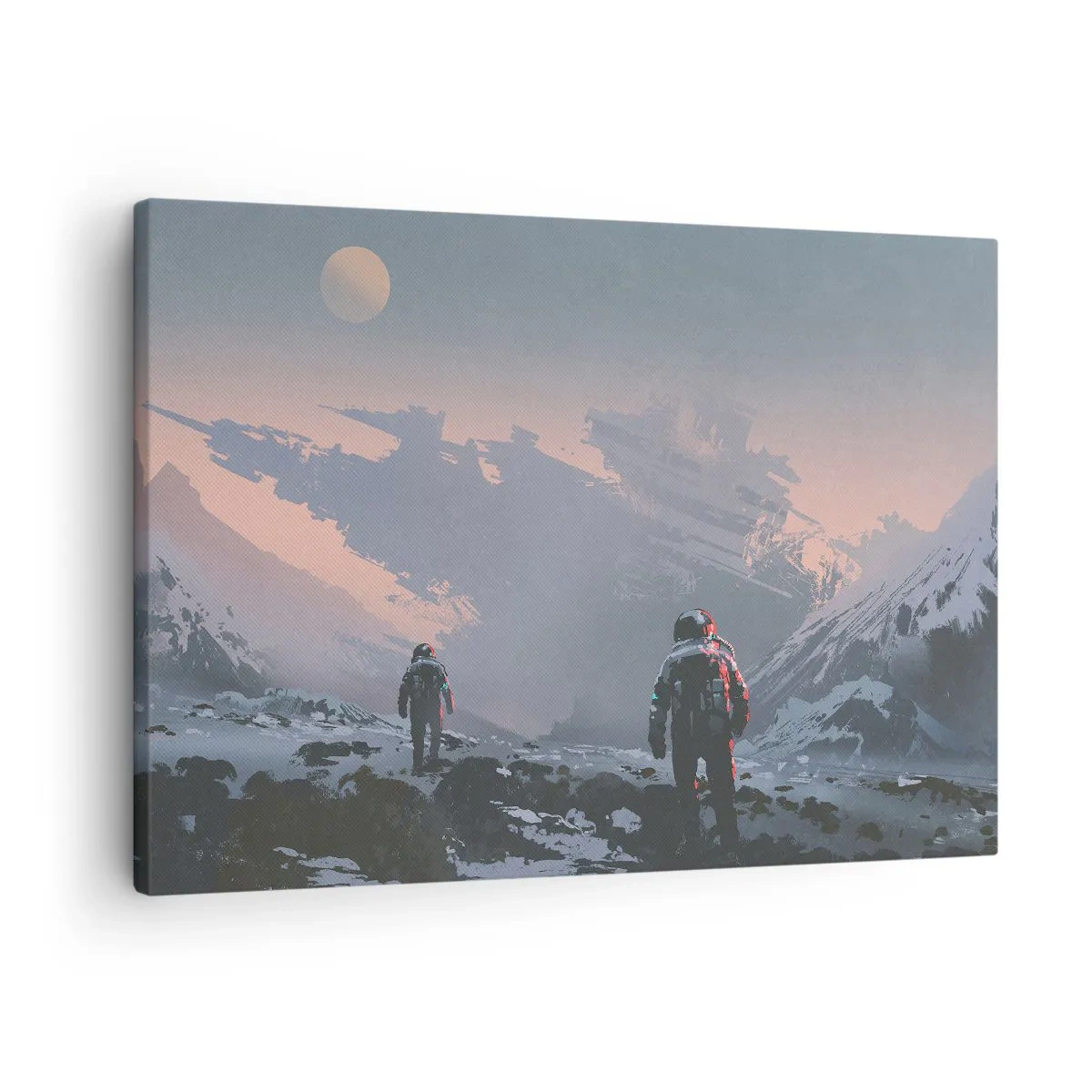 Obraz na płótnie - Astronauci na obcej planecie z wrakiem statku kosmicznego - 70x50cm - Pod nieznaną gwiazdą - Nowoczesna dekoracja ścienna do salonu i sypialni ARTTOR