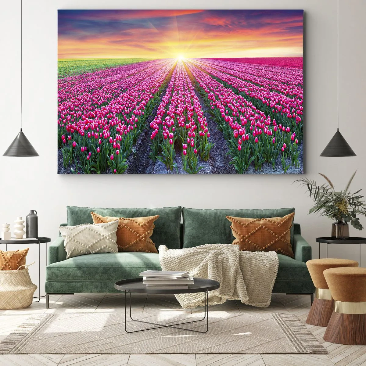 Obraz na płótnie - Pole tulipanów o zachodzie słońca - 120x80cm - Farma piękności - Nowoczesna dekoracja ścienna do salonu, kuchni i sypialni ARTTOR