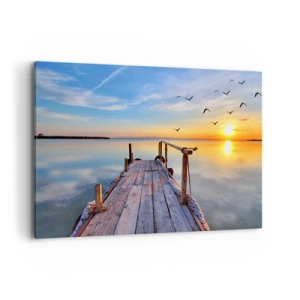 Obraz na płótnie - Drewniane molo o zachodzie słońca na spokojnym jeziorze - 120x80cm - Iść przed siebie ku słońcu - Nowoczesna dekoracja ścienna do salonu, kuchni i sypialni ARTTOR