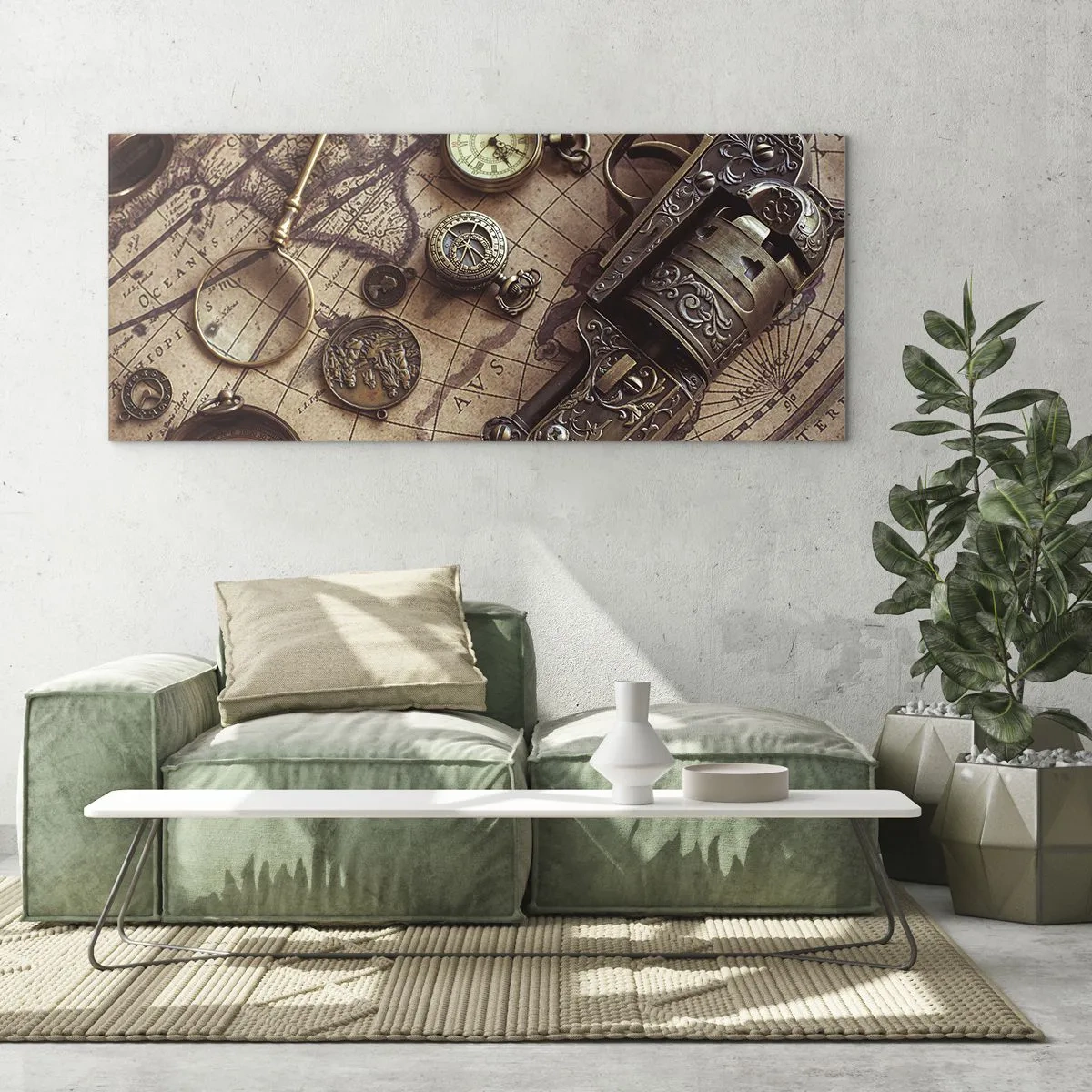 Obraz na szkle - Zabytkowe przedmioty na starej mapie w retro stylu - 120x50cm - Przygoda wzywa - Nowoczesna dekoracja ścienna do salonu i sypialni ARTTOR