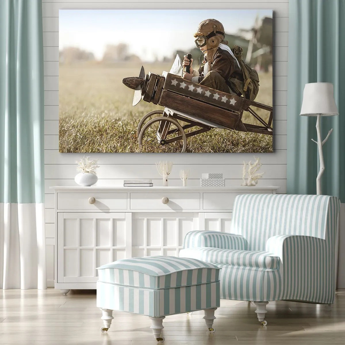 Obraz na płótnie - Dziecko w zabawkowym samolocie na tle pola - 120x80cm - Start ku marzeniu - Nowoczesna dekoracja ścienna do salonu, kuchni i sypialni ARTTOR