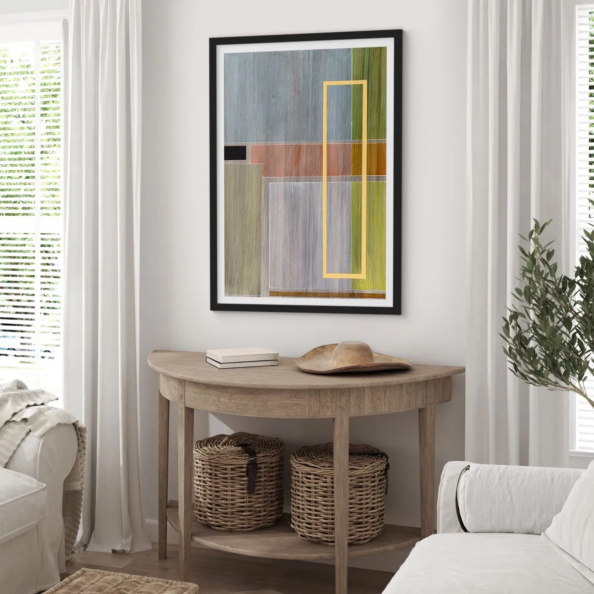 Plakat w czarnej ramie - Geometryczna abstrakcja w stonowanych barwach - 50x70cm - Prosto i spokojnie - Nowoczesna dekoracja ścienna do salonu i sypialni ARTTOR