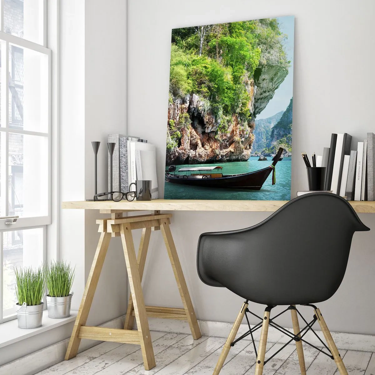Obraz na szkle - Tradycyjna łódź na turkusowej wodzie między klifami - 50x70cm - Zaproszenie do egzotycznej podróży - Nowoczesna dekoracja ścienna do salonu, kuchni i sypialni ARTTOR