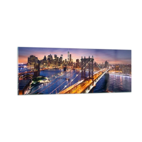 Obraz na szkle - Most i panorama miasta o zachodzie słońca - 140x50cm - Świetlistym mostem do serca miasta - Nowoczesna dekoracja ścienna do salonu i sypialni ARTTOR