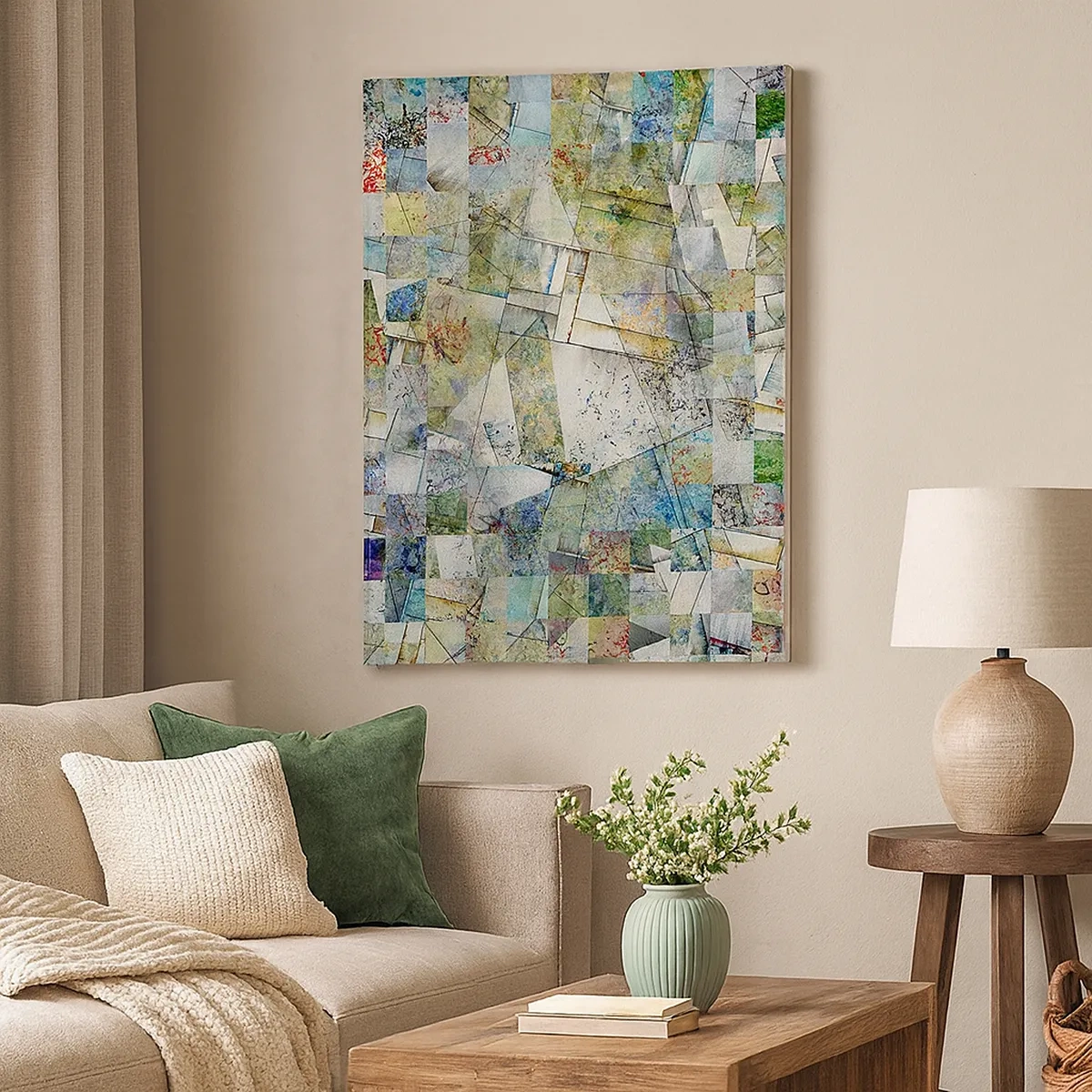 Obraz na płótnie - Abstrakcyjna mozaika geometrycznych kształtów w pastelowych barwach - 50x70cm - Geometryczne przetasowanie - Nowoczesna dekoracja ścienna do salonu, kuchni i sypialni ARTTOR