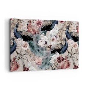 Obraz na płótnie - Pejzaż z pawimi piórami, różami i ptakami w romantycznym stylu - 120x80cm - W pałacowym ogrodzie - Nowoczesna dekoracja ścienna do salonu, kuchni i sypialni ARTTOR