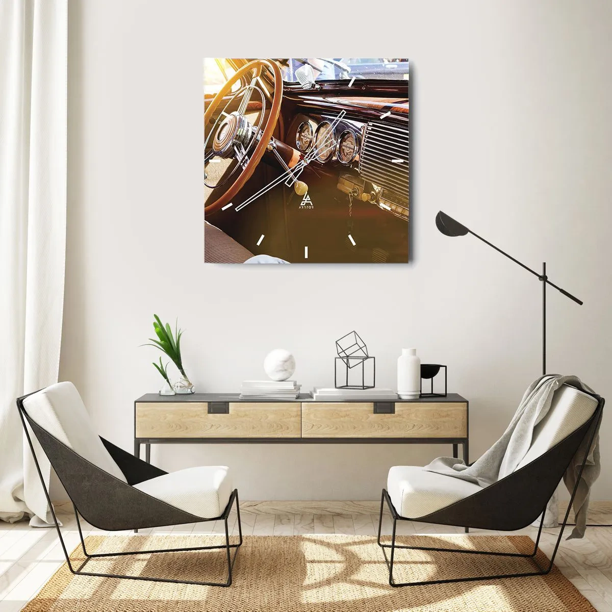 Zegar ścienny - Zbliżenie na wnętrze klasycznego samochodu z drewnianymi i chromowanymi detalami - 30x30cm - Powiew luksusu z przeszłości - Nowoczesna dekoracja ścienna do salonu i sypialni ARTTOR