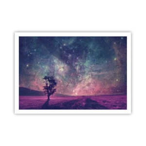 Plakat - Drzewo na tle gwiaździstego nieba w fioletowo-niebieskich barwach - 100x70cm - Pod magicznym niebem - Nowoczesna dekoracja ścienna do salonu i sypialni ARTTOR