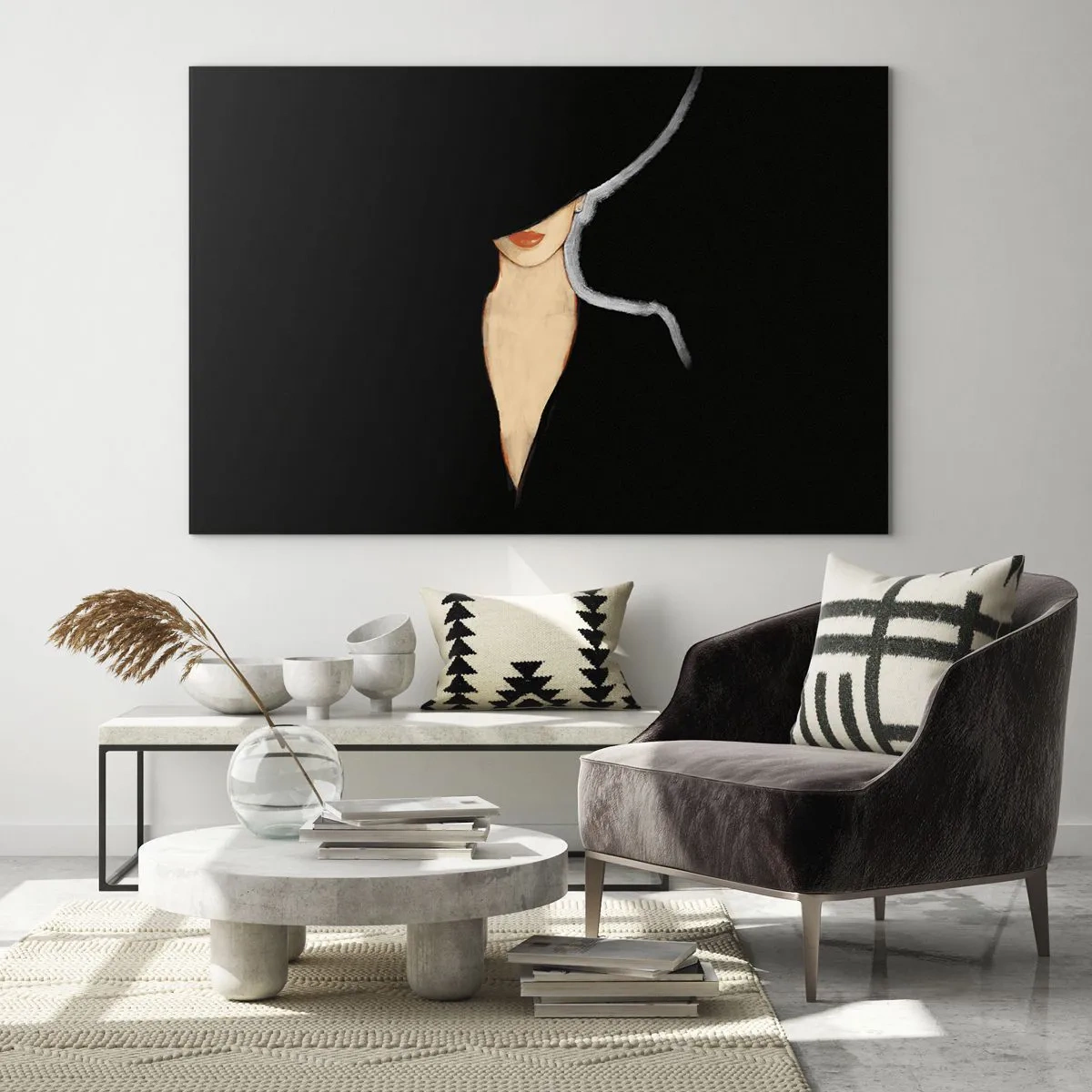 Obraz na szkle - Subtelny portret kobiety na czarnym tle - 70x50cm - Elegancja i styl - Nowoczesna dekoracja ścienna do salonu i sypialni ARTTOR