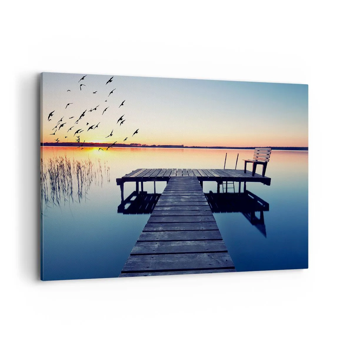Obraz na płótnie - Drewniane molo nad jeziorem o wschodzie słońca z ptakami - 120x80cm - To był dobry dzień - Nowoczesna dekoracja ścienna do salonu, kuchni i sypialni ARTTOR