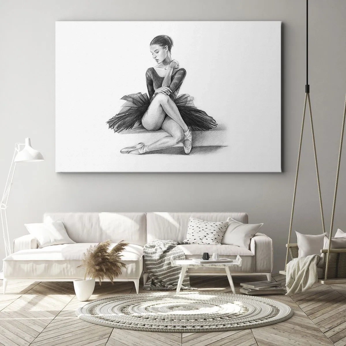 Obraz na płótnie - Szkic baletnicy w subtelnym, klasycznym stylu - 70x50cm - Zaczarowana tańcem - Nowoczesna dekoracja ścienna do salonu i sypialni ARTTOR