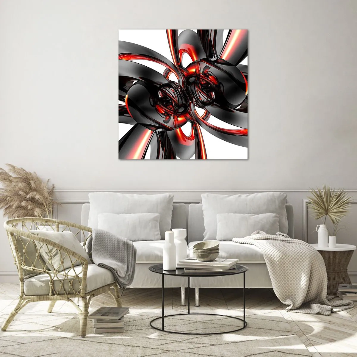 Obraz na szkle - Ruch w graficie i czerwieni - 60x60 cm