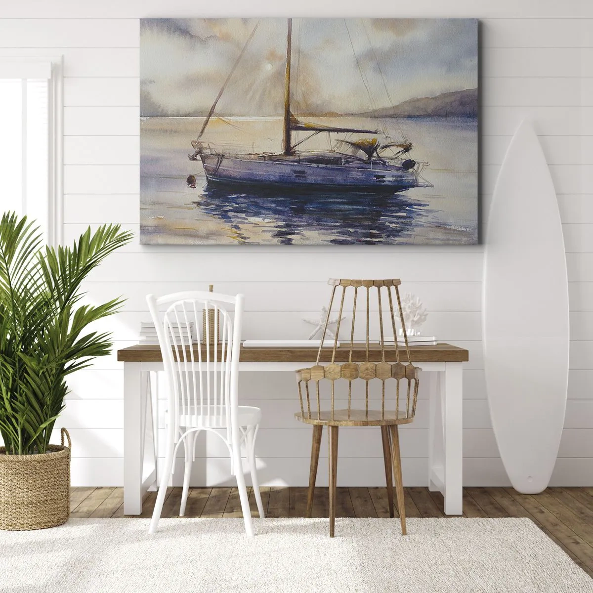 Obraz na płótnie - Jacht na spokojnym morzu o zachodzie słońca - 70x50cm - Wieczór w zatoce - Nowoczesna dekoracja ścienna do salonu i sypialni ARTTOR