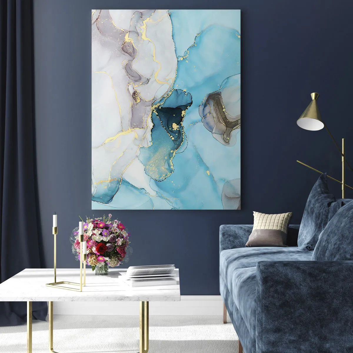 Obraz na szkle - Turkusowe i szare fale z akcentami złota - 50x70cm - Studium spotkania szarości z turkusem - Nowoczesna dekoracja ścienna do salonu, kuchni i sypialni ARTTOR