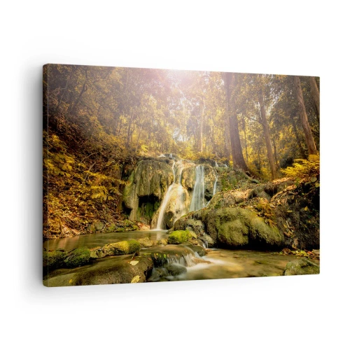 Obraz na płótnie - Leśny wodospad w promieniach słońca otoczony zielenią - 70x50cm - Leśna kaskada w zieleni - Nowoczesna dekoracja ścienna do salonu i sypialni ARTTOR