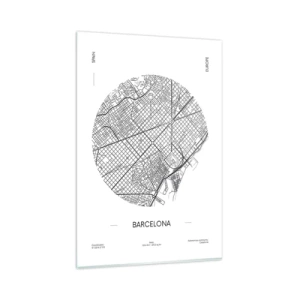 Obraz na szkle - Mapa Barcelony w minimalistycznym, czarno-białym stylu - 80x120cm - Anatomia Barcelony - Nowoczesna dekoracja ścienna do salonu i sypialni ARTTOR