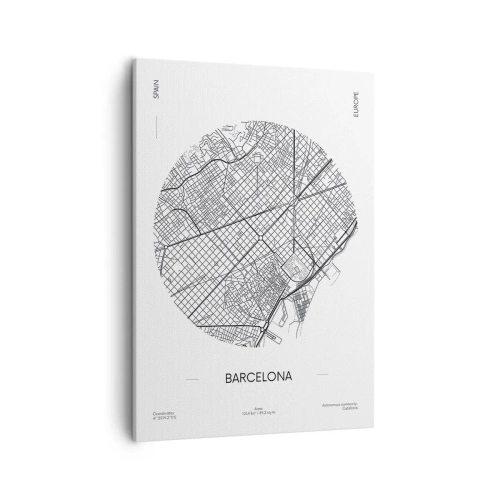 Obraz na płótnie - Minimalistyczna mapa Barcelony w czarnych liniach na białym tle - 50x70cm - Anatomia Barcelony - Nowoczesna dekoracja ścienna do salonu, kuchni i sypialni ARTTOR