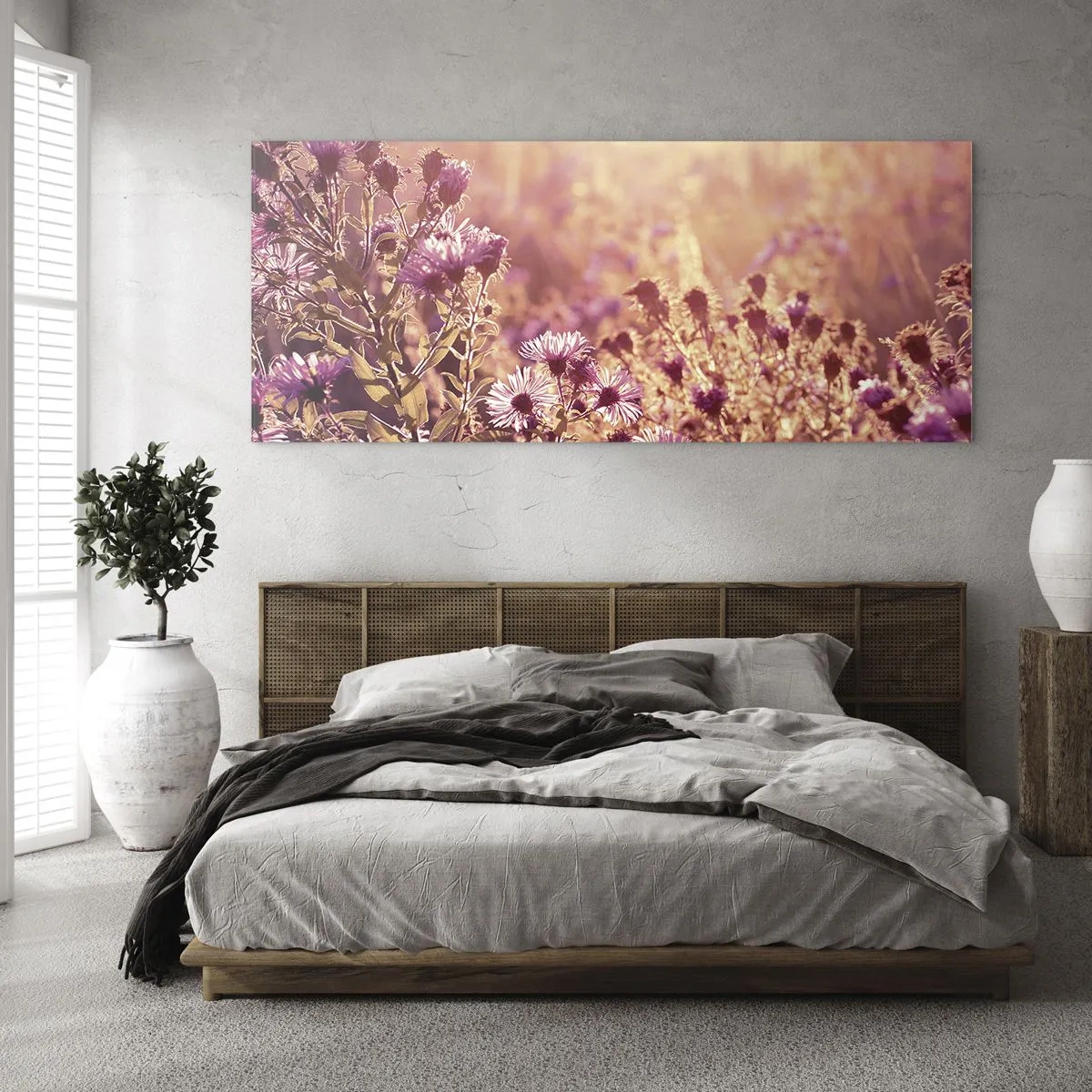Obraz na szkle - Łąka w świetle zachodzącego słońca - 120x50cm - Przed odejściem lata - Nowoczesna dekoracja ścienna do salonu i sypialni ARTTOR