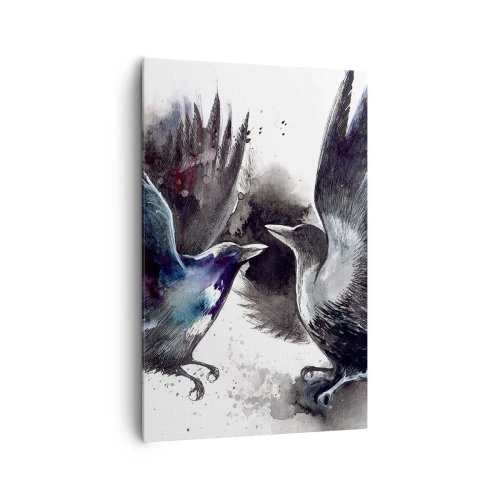 Obraz na płótnie - Artystyczne kruki w dynamicznej kompozycji akwarelowej - 80x120cm - Kruk krukowi… - Nowoczesna dekoracja ścienna do salonu i sypialni ARTTOR