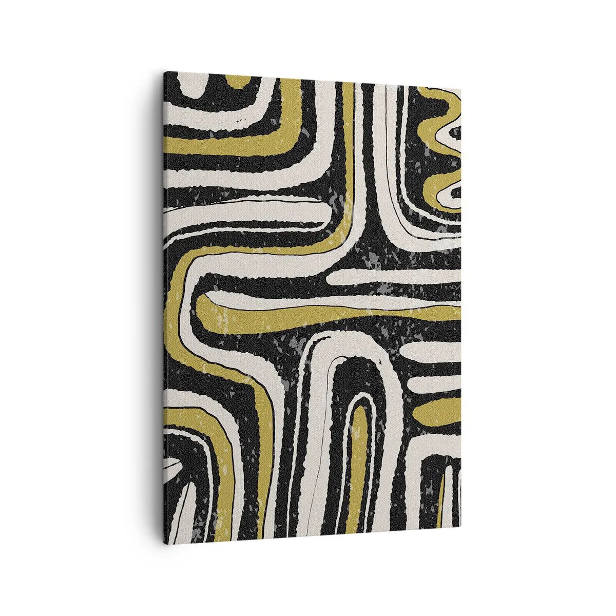 Obraz na płótnie - Abstrakcyjny wzór w czerni, bieli i złocistych odcieniach z geometrycznymi liniami - 50x70cm - Kompozycja: trakty i zaułki - Nowoczesna dekoracja ścienna do salonu, kuchni i sypialni ARTTOR