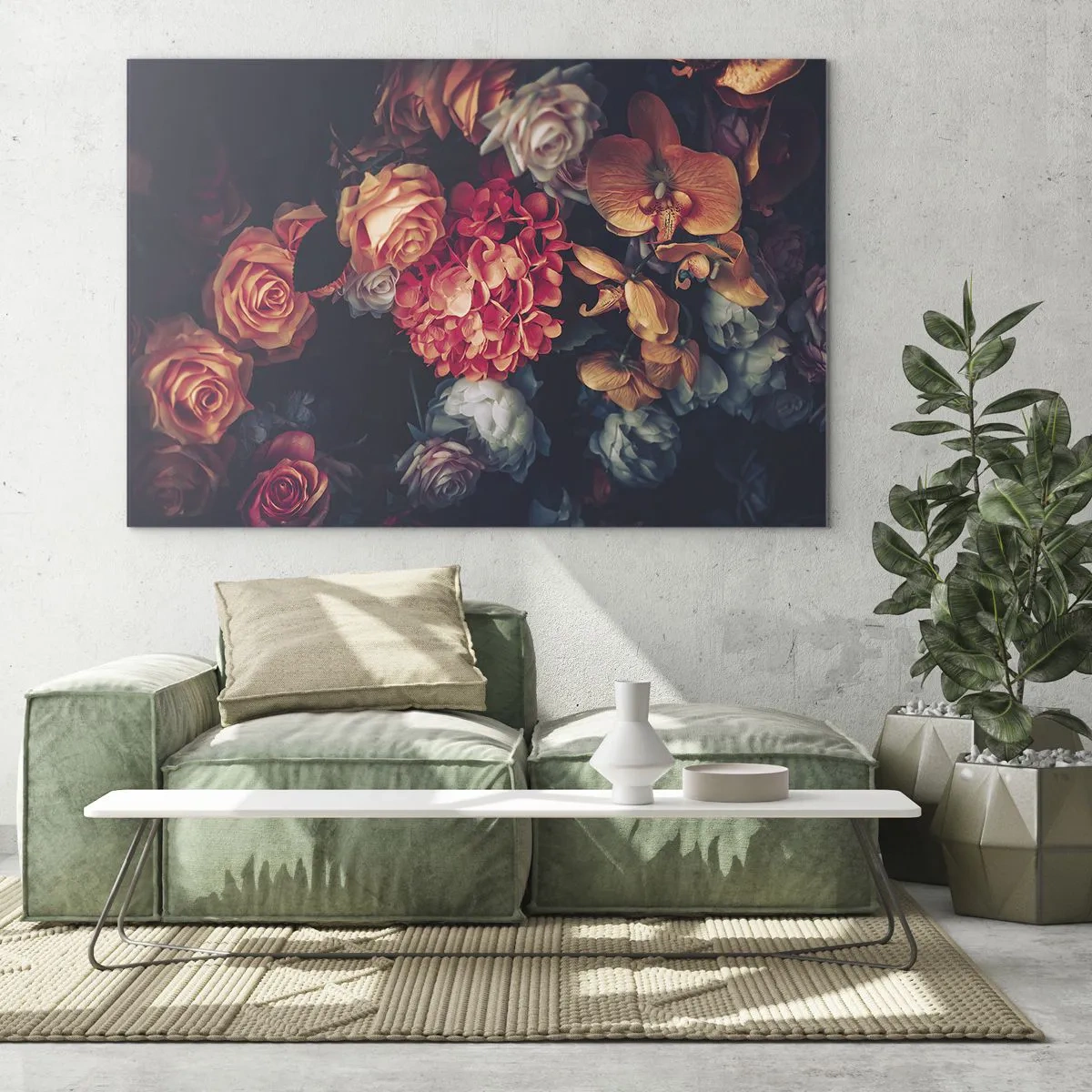 Obraz na szkle - Ciemna kompozycja kwiatowa z różami i orchideami - 70x50cm - Jak u holenderskich mistrzów - Nowoczesna dekoracja ścienna do salonu i sypialni ARTTOR