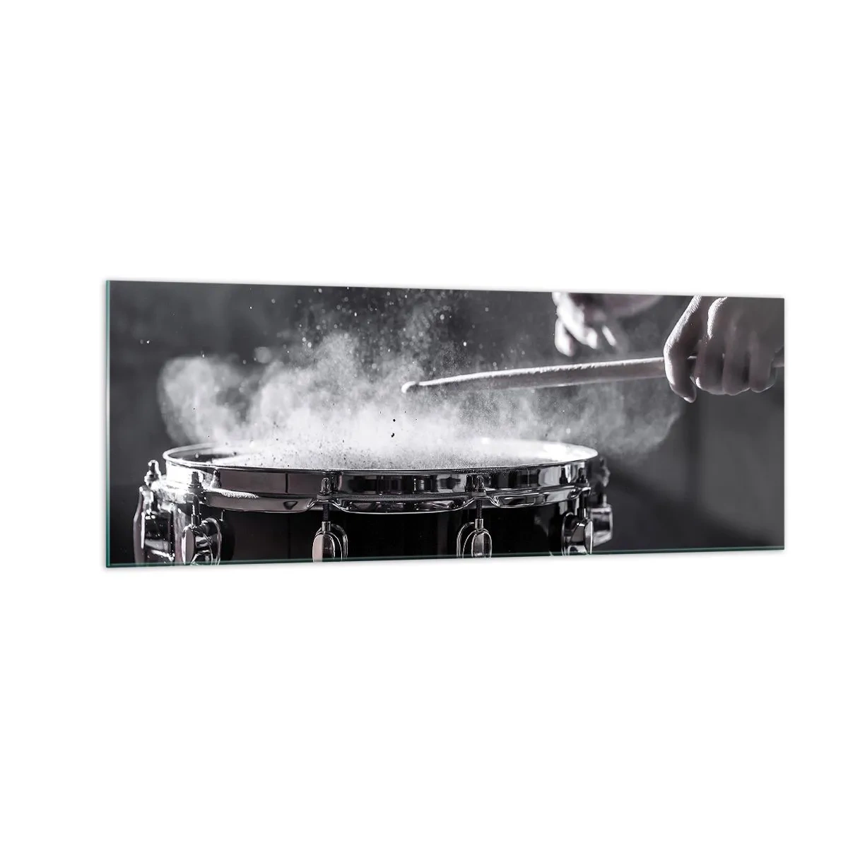Obraz na szkle - Uderzenie pałeczkami w werbel z efektem pyłu - 140x50cm - Puls muzyki - Nowoczesna dekoracja ścienna do salonu i sypialni ARTTOR