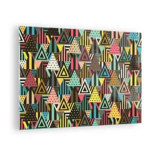Obraz na szkle - Abstrakcyjna kompozycja z trójkątami w intensywnych kolorach - 70x50cm - W rytmie na trzy - Nowoczesna dekoracja ścienna do salonu i sypialni ARTTOR