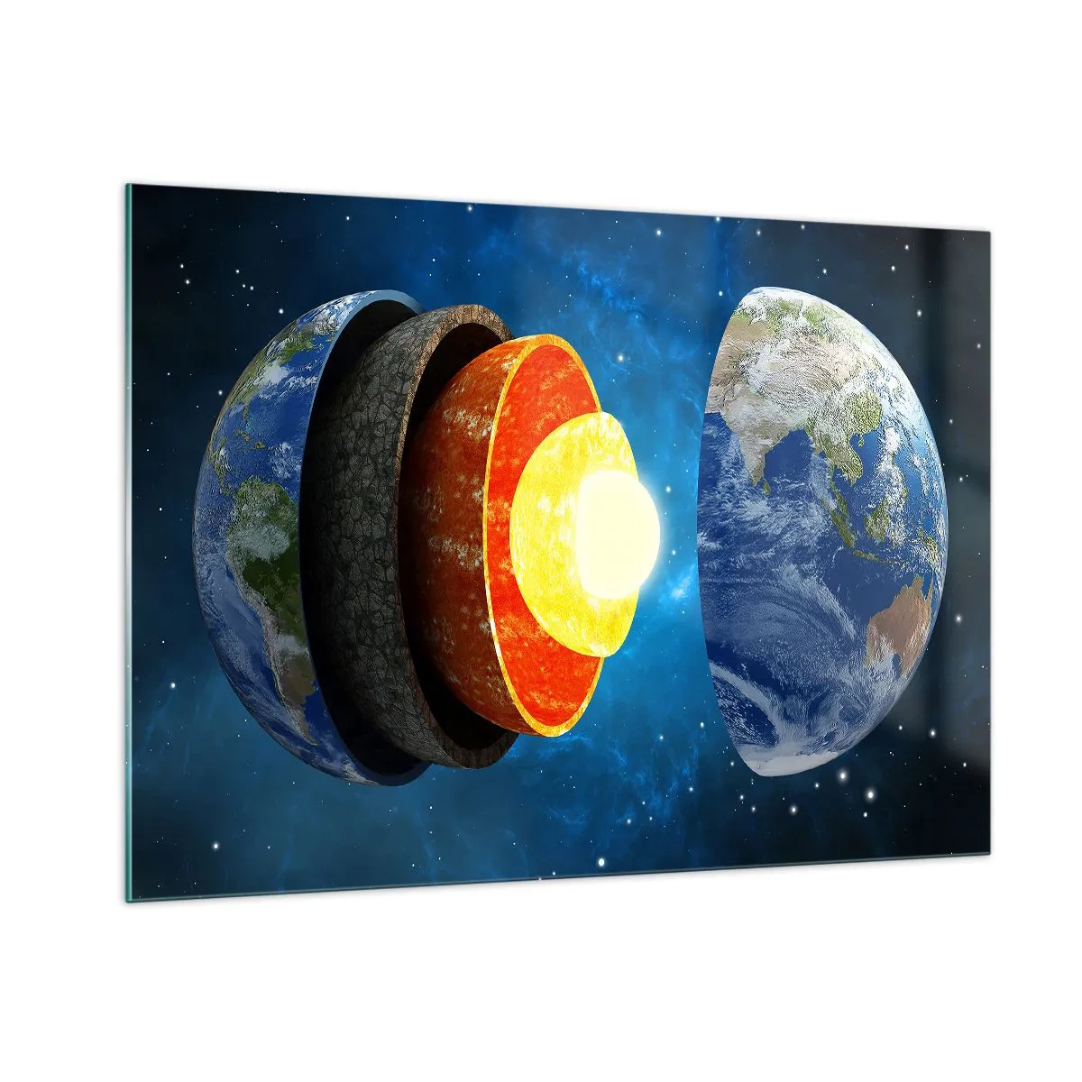 Obraz na szkle - Przekrój Ziemi ukazujący jej warstwy na tle kosmosu - 100x70cm - Wyprawa do wnętrz Ziemi - Nowoczesna dekoracja ścienna do salonu, kuchni i sypialni ARTTOR
