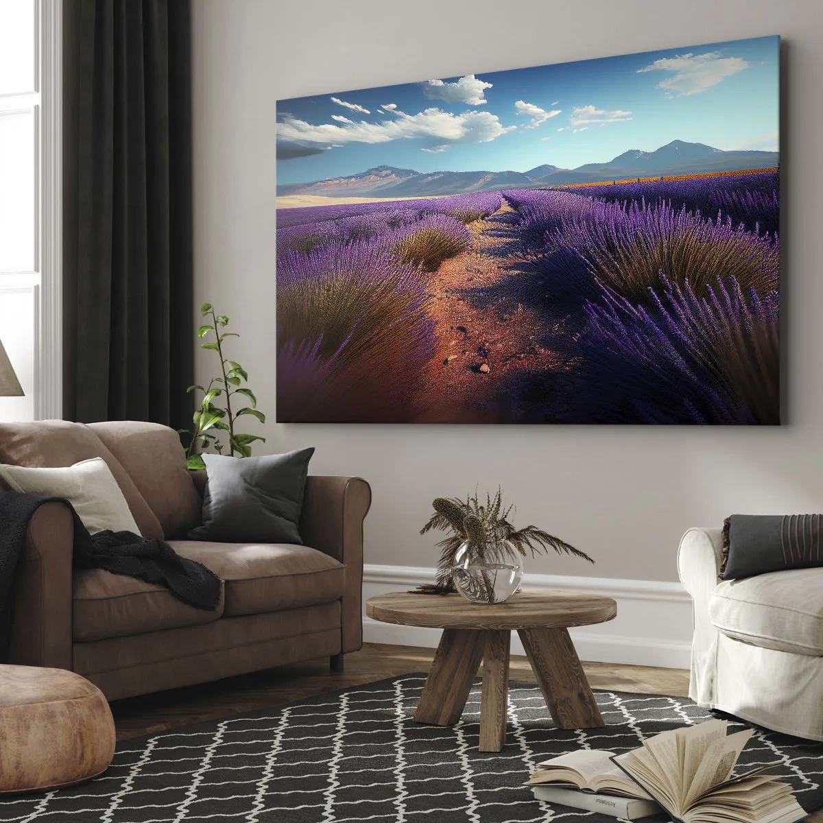 Obraz na płótnie - Lawendowe pole z widokiem na góry i błękitne niebo - 70x50cm - Pachnące pola - Nowoczesna dekoracja ścienna do salonu i sypialni ARTTOR