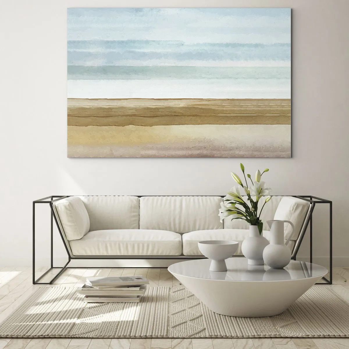 Obraz na szkle - Minimalistyczna plaża w pastelowym akwarelowym stylu - 70x50cm - Ukojenie - Nowoczesna dekoracja ścienna do salonu i sypialni ARTTOR
