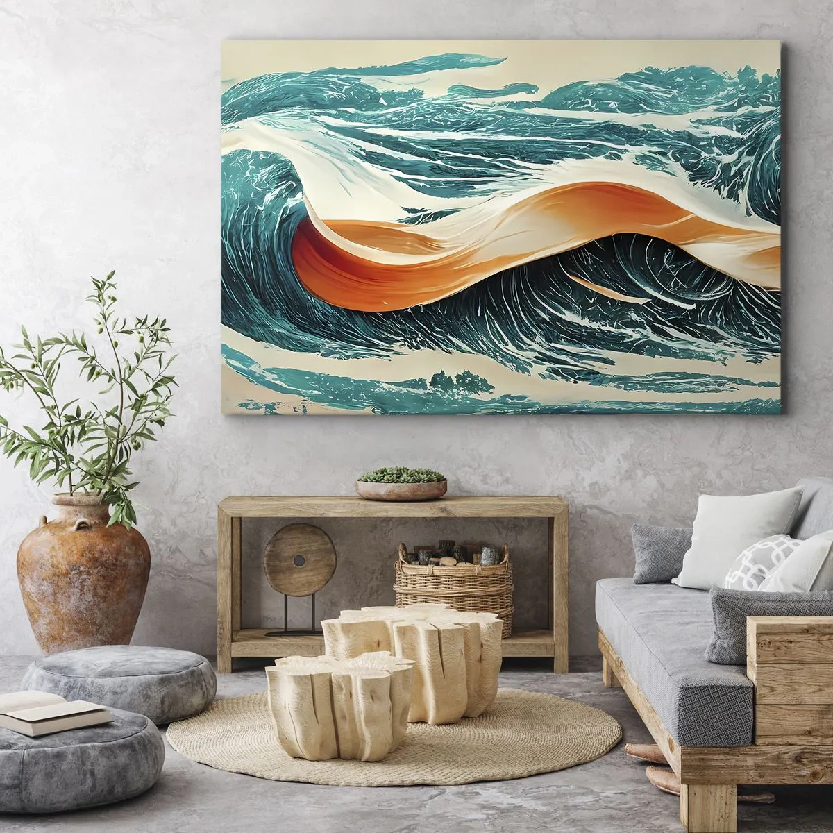 Obraz na płótnie - Dynamiczne fale morskie z abstrakcyjną wstęgą - 70x50cm - Sen surfera - Nowoczesna dekoracja ścienna do salonu i sypialni ARTTOR