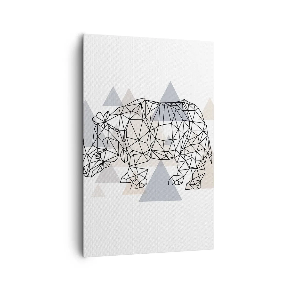 Obraz na płótnie - Geometryczny nosorożec na tle delikatnych trójkątów - 80x120cm - Struktura siły - Nowoczesna dekoracja ścienna do salonu i sypialni ARTTOR